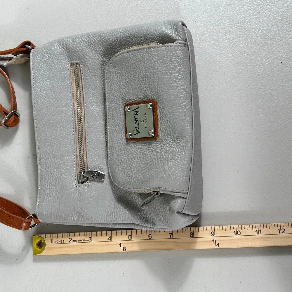 Valentina Italia Grey Pebbled Leather Crossbody Bag Brown Strap Made in‎ Italy